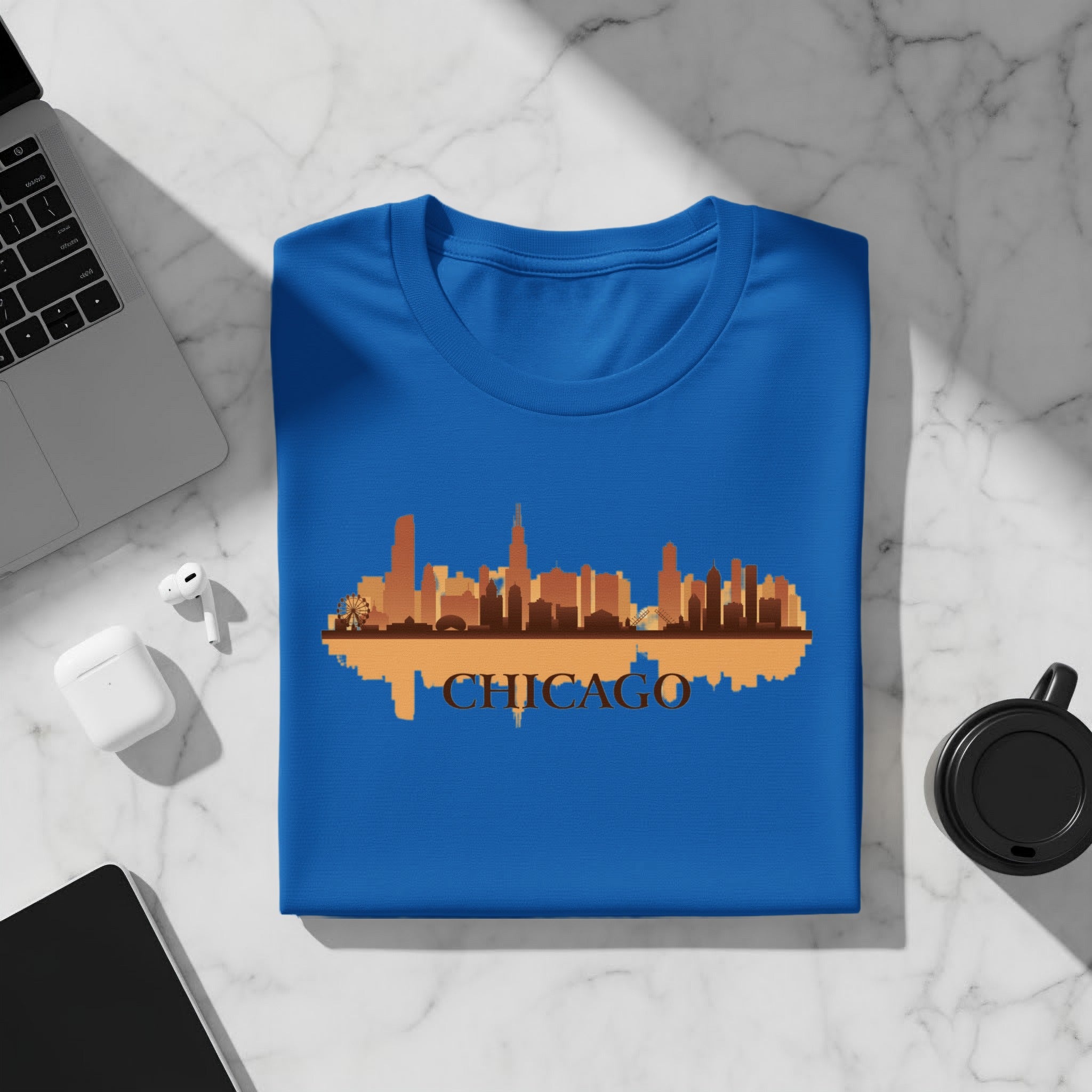 Blue t-shirt with a Chicago skyline graphic and reflection.