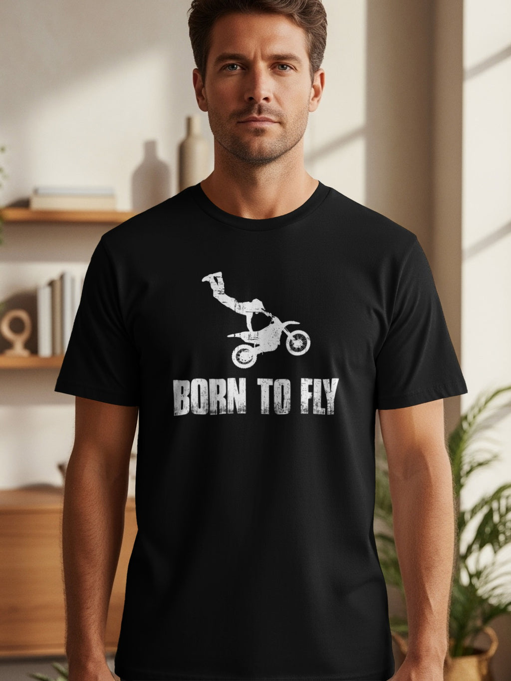 Black t-shirt with white graphic of a motocross rider mid-air and text "BORN TO FLY".