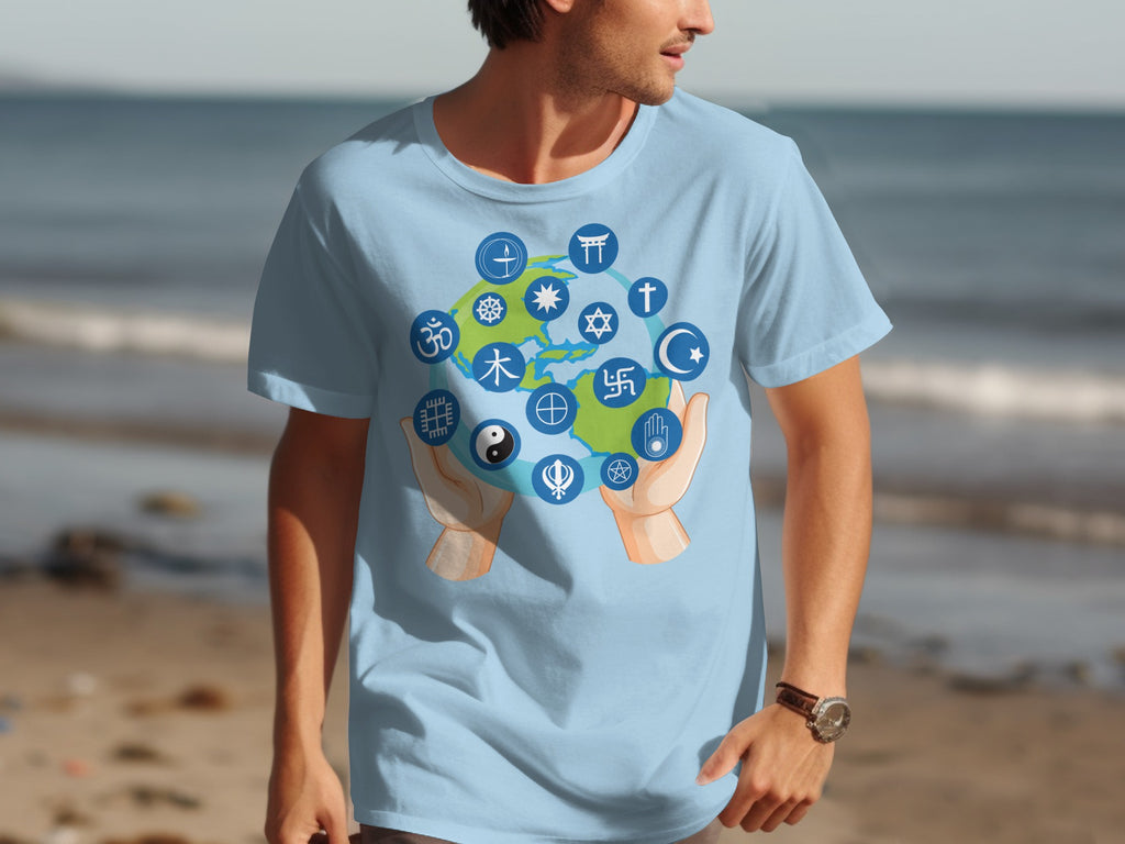 Light blue t-shirt with earth and religious symbols held by hands.