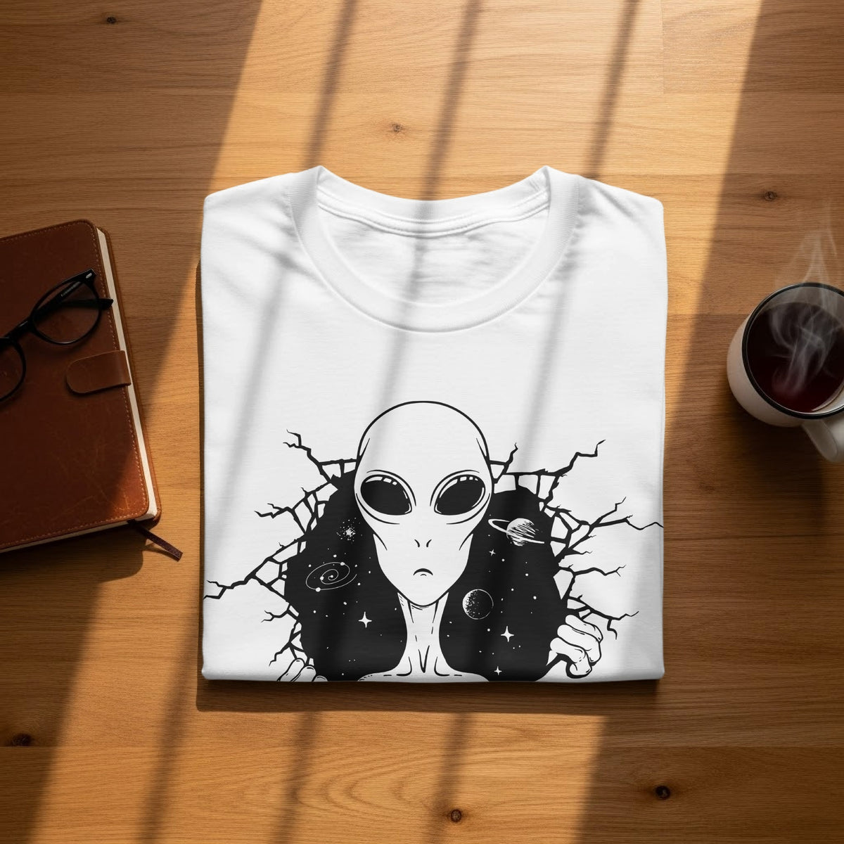 White t-shirt with a cracked black alien and galaxy design.