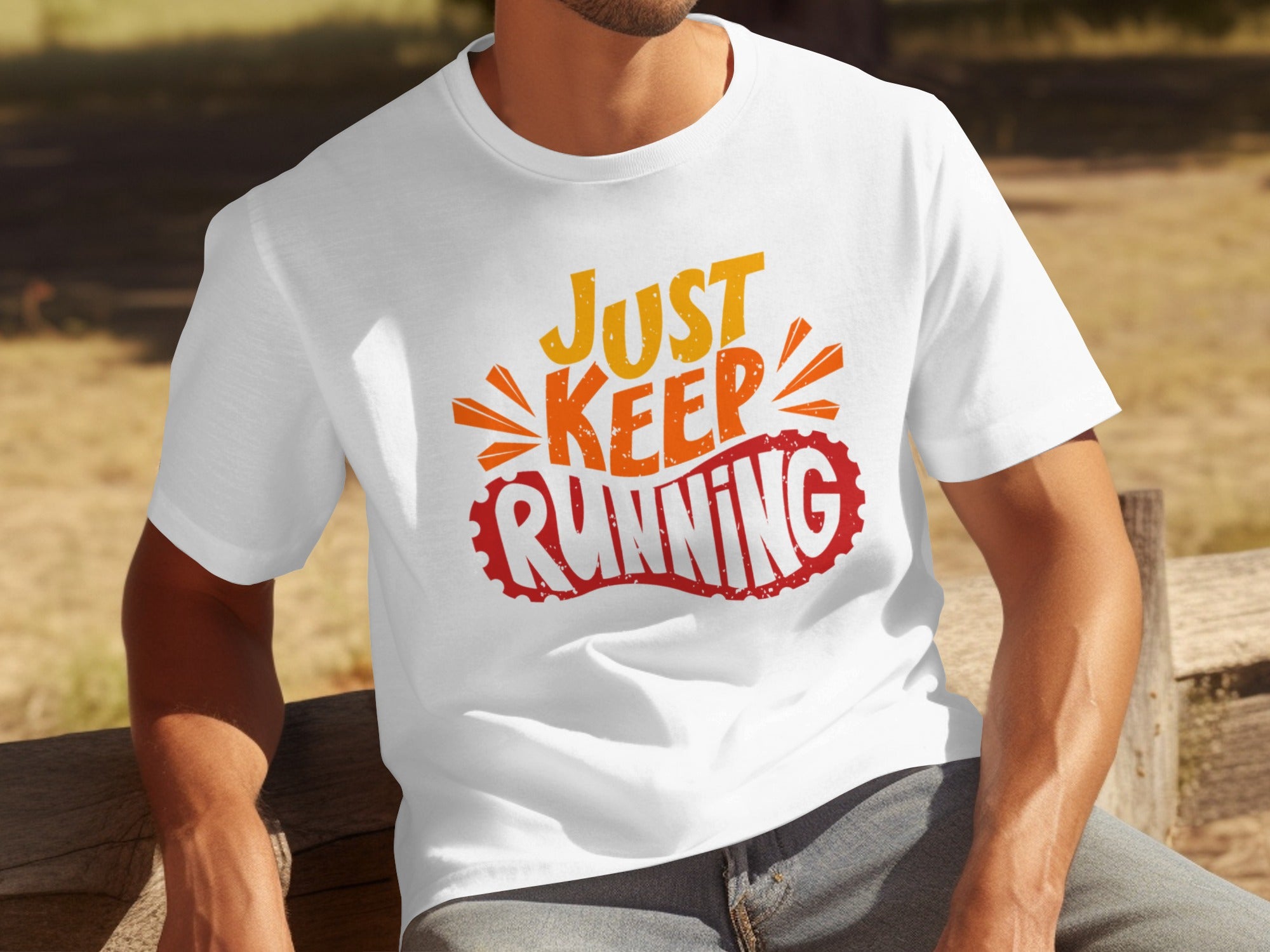 White t-shirt with distressed orange and yellow "Just Keep Running" graphic.