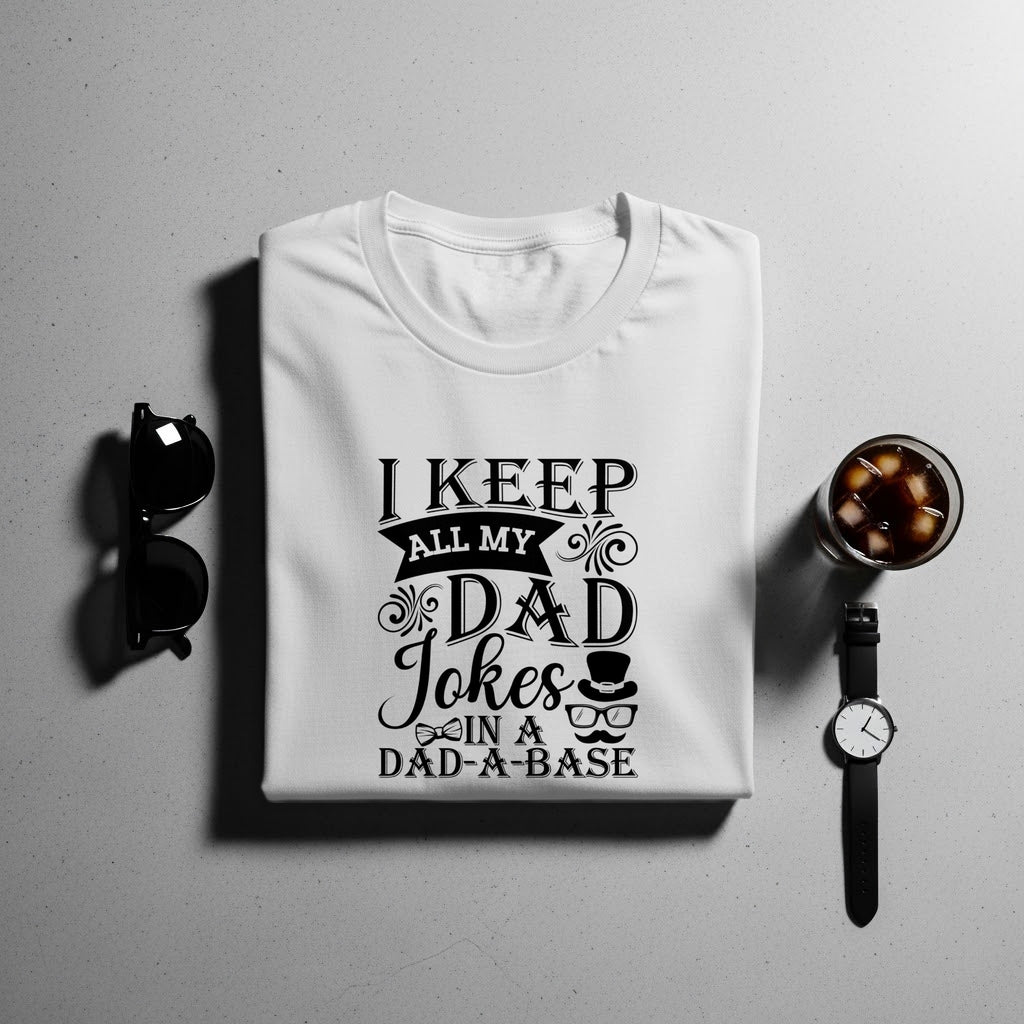 White t-shirt with "I Keep All My Dad Jokes In A Dad-A-Base" text and graphics.