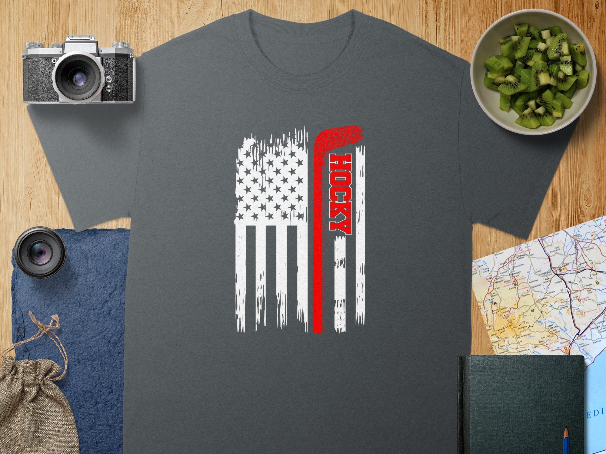 T-shirt with distressed American flag and red "HOCKY" text integrated with a hockey stick.