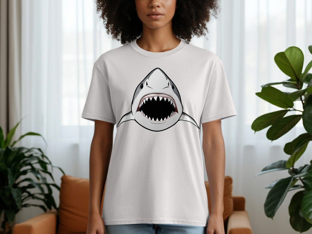 White t-shirt featuring a cartoon illustration of a shark with its mouth open.