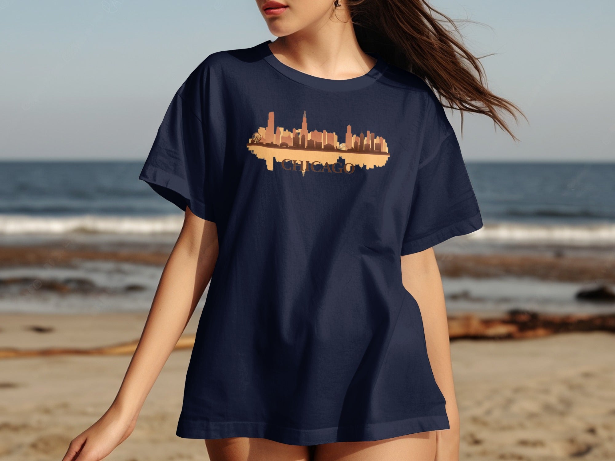 Navy t-shirt with Chicago skyline graphic and reflection.