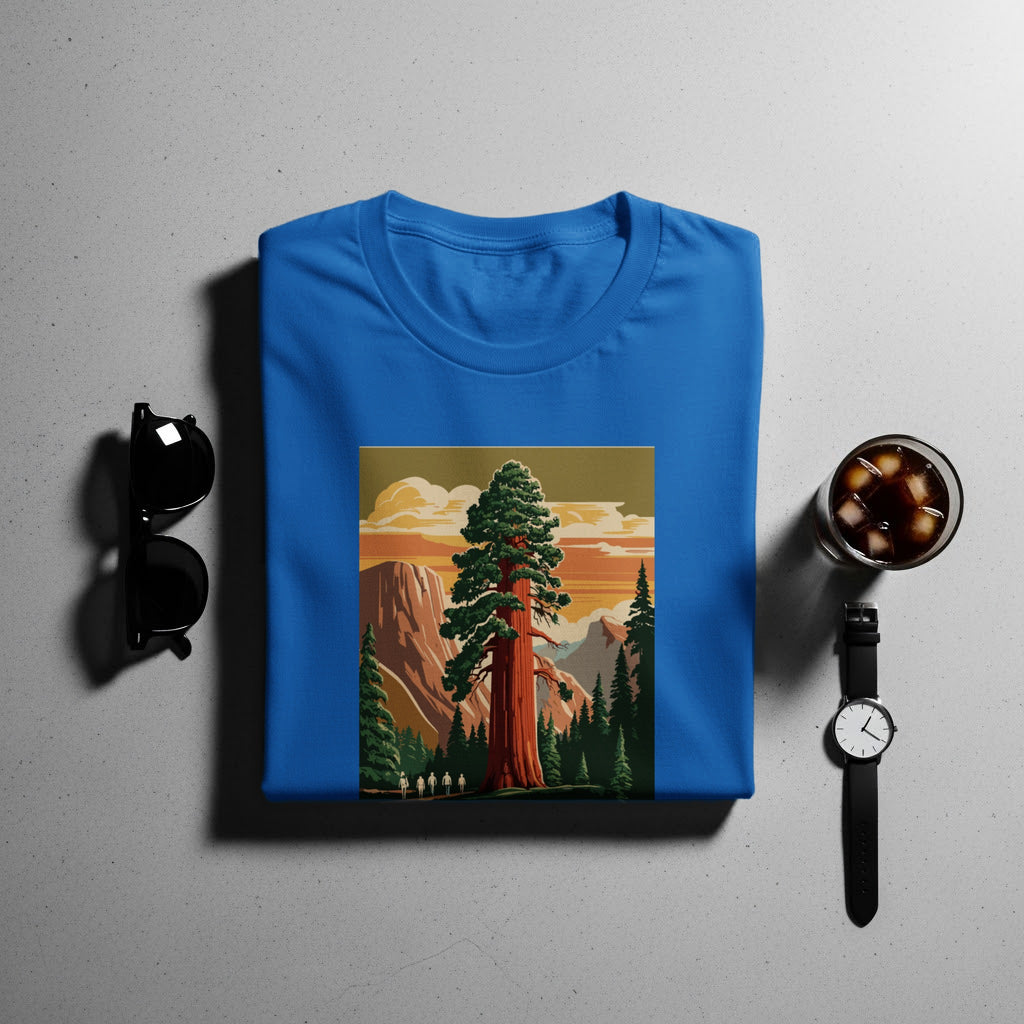 Blue t-shirt with a vintage illustration of a giant redwood tree and hikers.