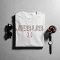 White t-shirt with "JESUS" text and baseball graphic and baseball.