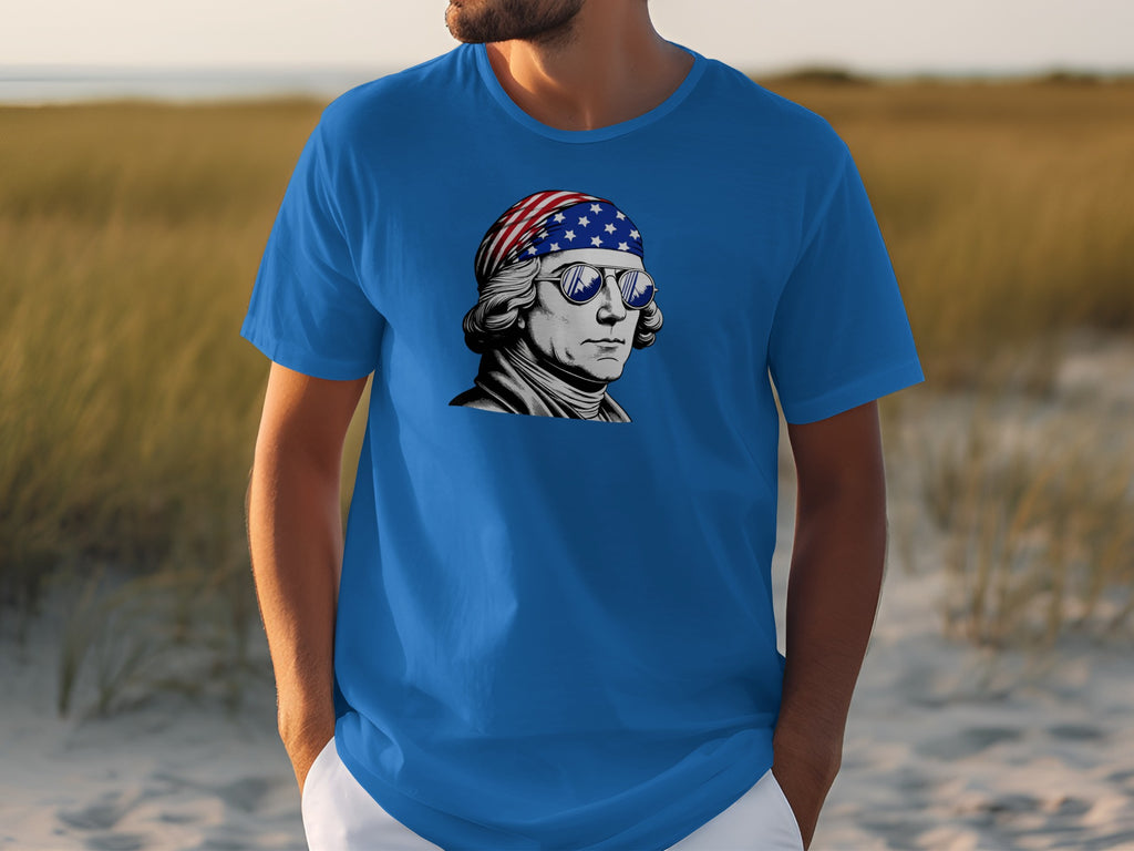 Blue t-shirt with graphic of George Washington wearing bandana and sunglasses.