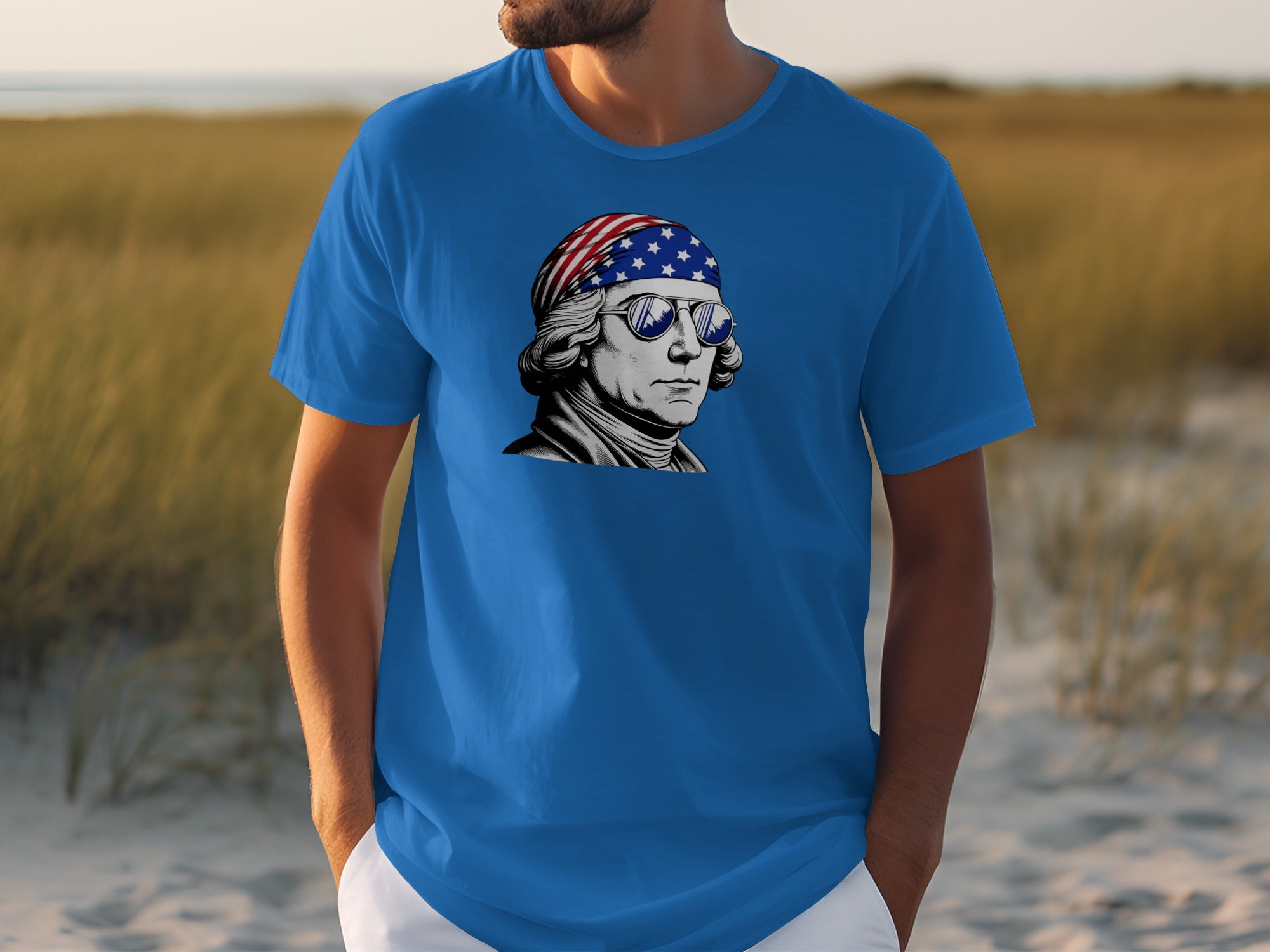 Blue t-shirt with graphic of George Washington wearing bandana and sunglasses.