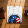 White t-shirt with a soccer ball graphic featuring the US flag pattern.