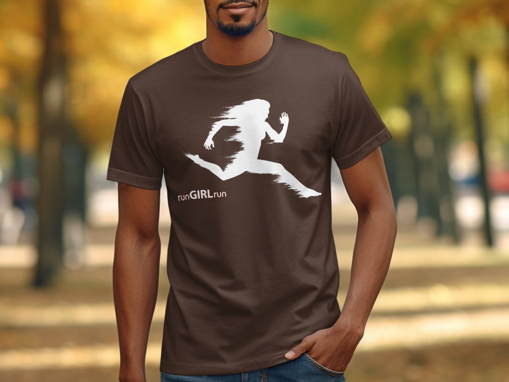 Brown t-shirt with white graphic of a runner and text "run GIRL run"