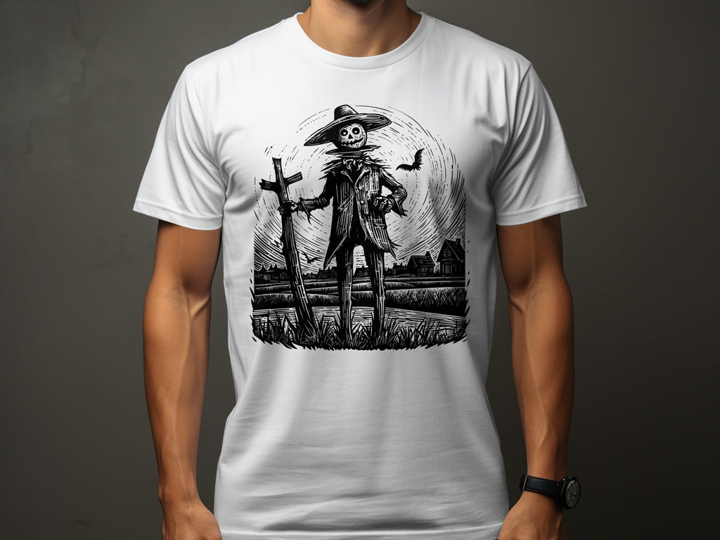 Scarecrow with hat holds a cross in a field with bats and houses.