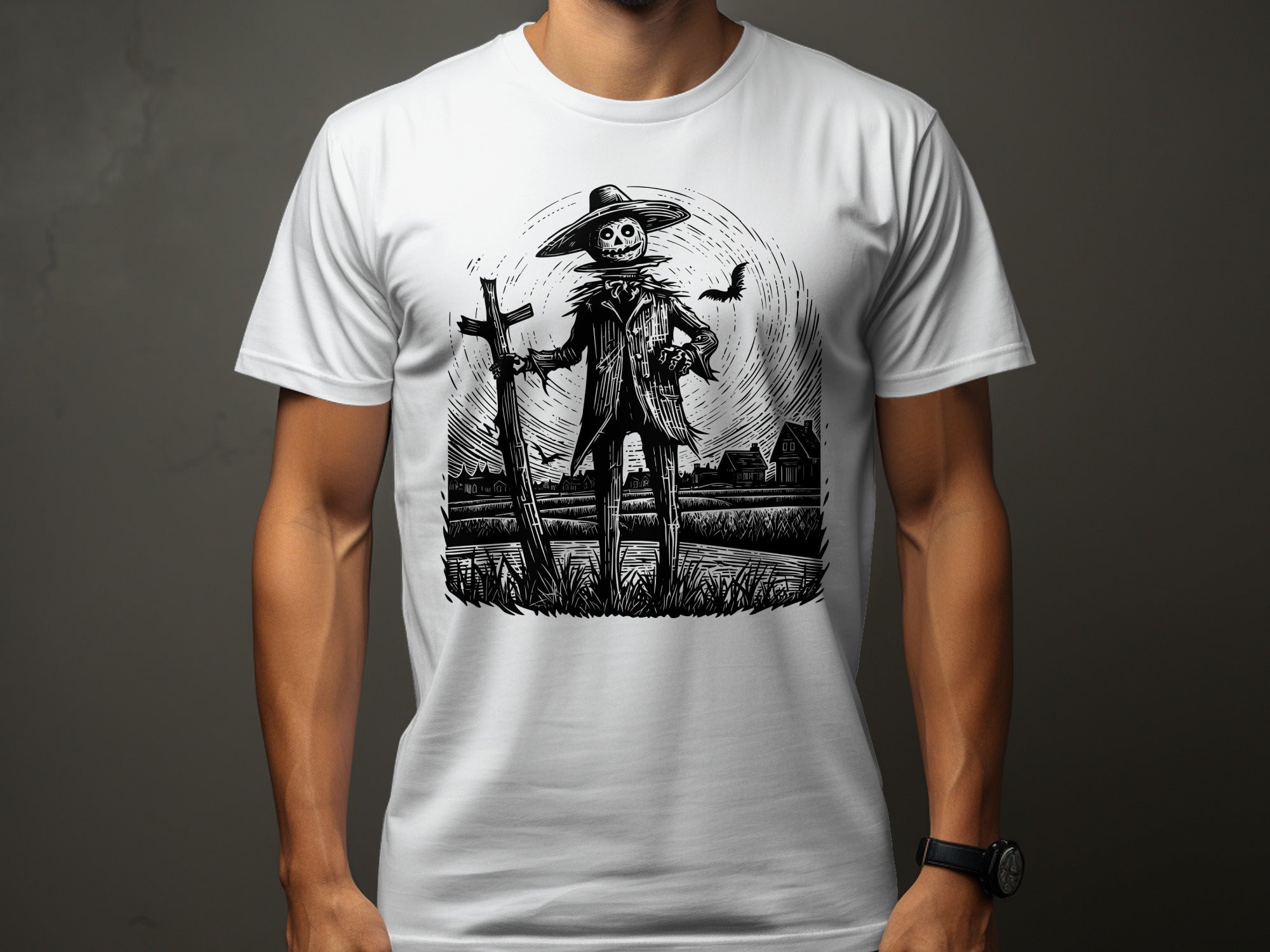 Scarecrow with hat holds a cross in a field with bats and houses.