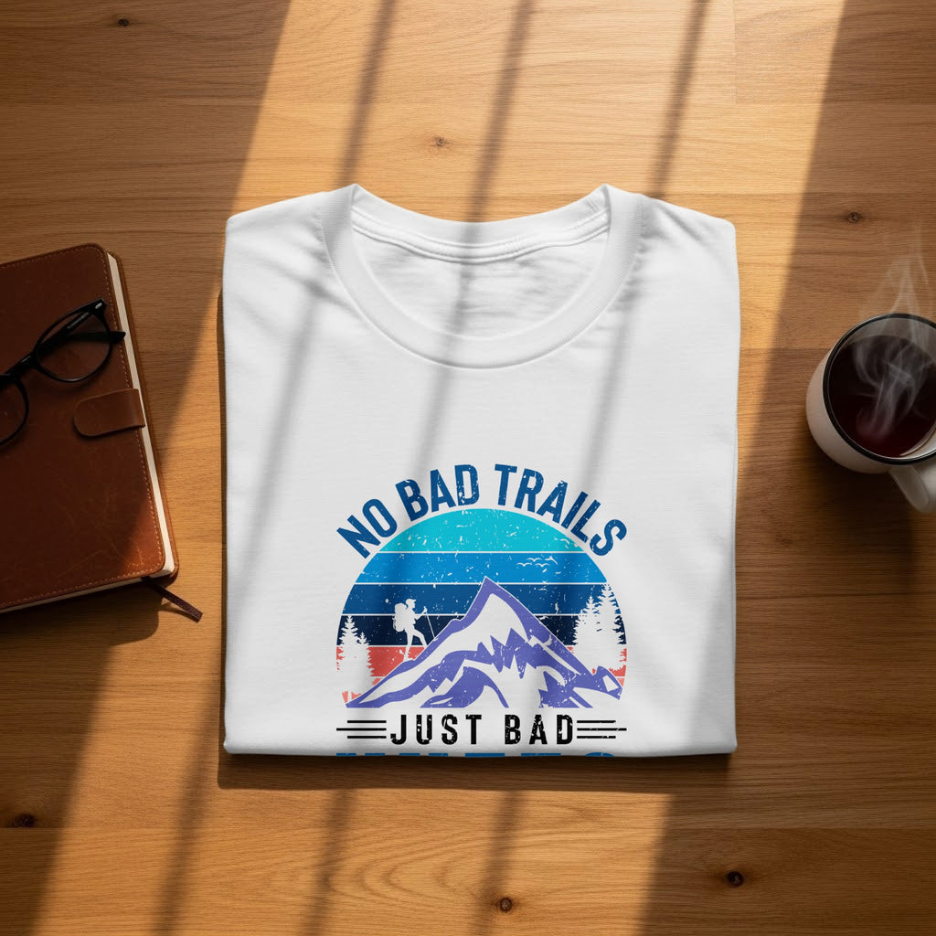 White t-shirt featuring a graphic with mountains, a hiker, and the text "NO BAD TRAILS JUST BAD".