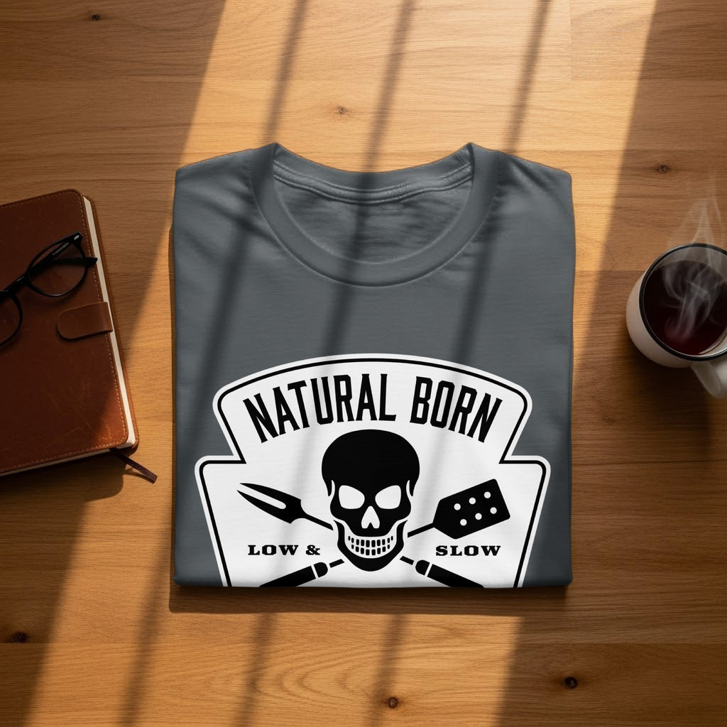 Dark grey t-shirt with a skull, spatula, and fork design that reads "NATURAL BORN LOW & SLOW".