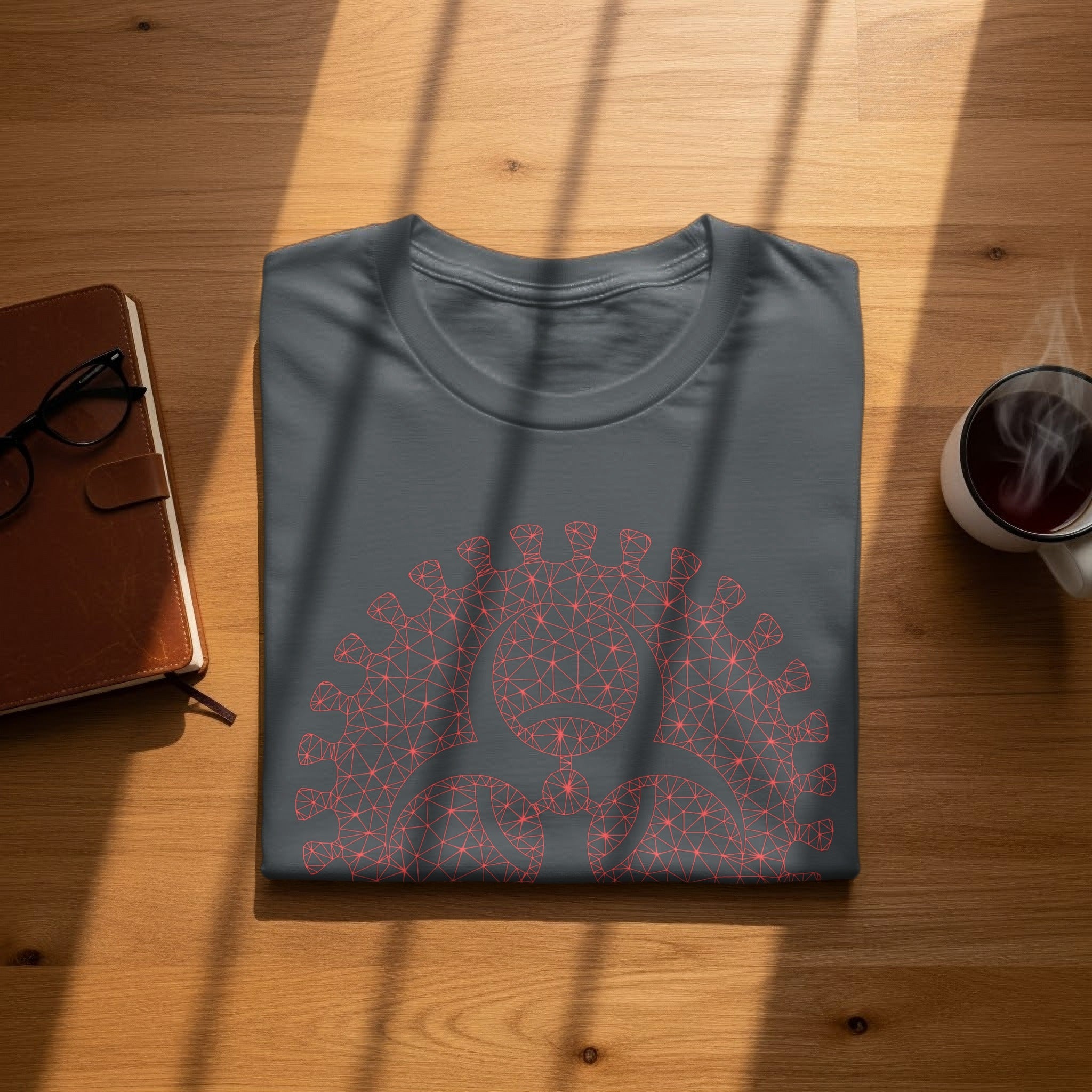 Dark grey t-shirt with a geometric red biohazard symbol on chest.