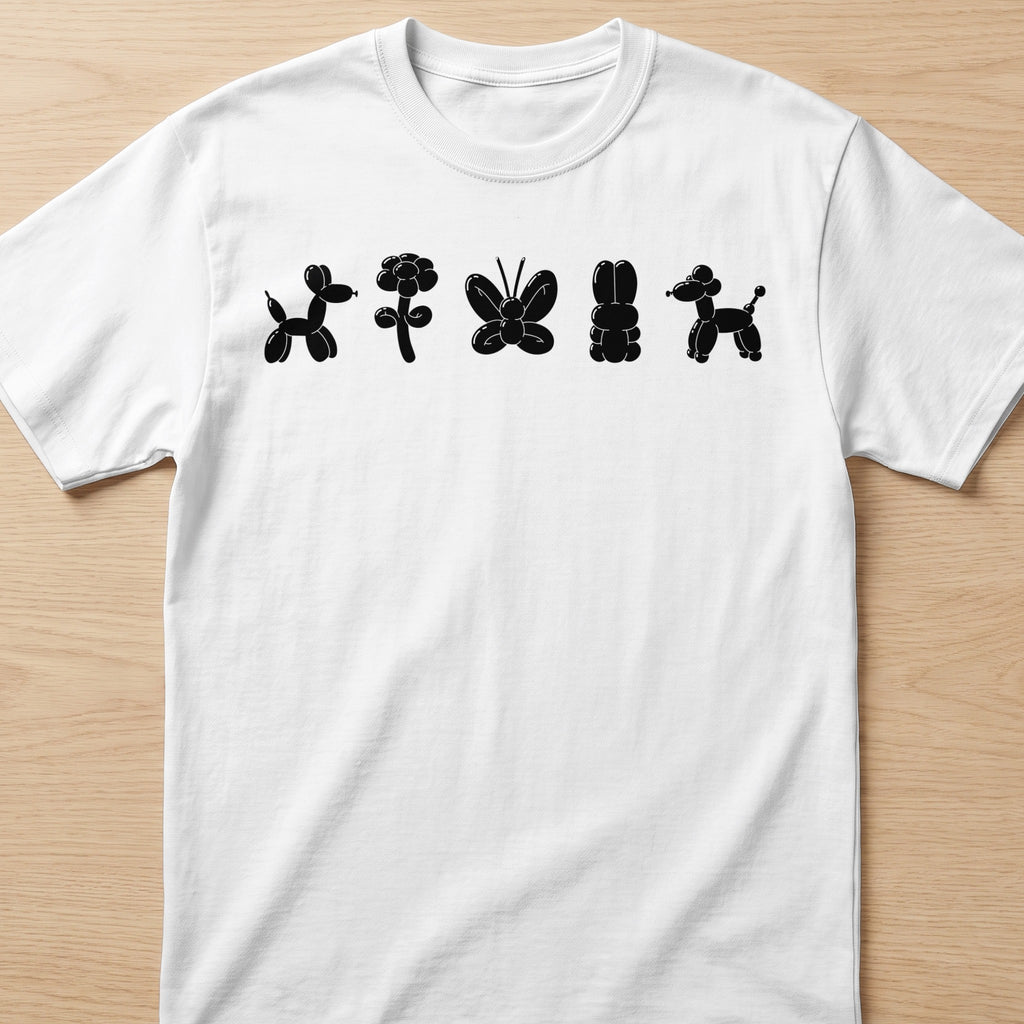 White t-shirt with black balloon art of dogs, flower, butterfly, and rabbit.