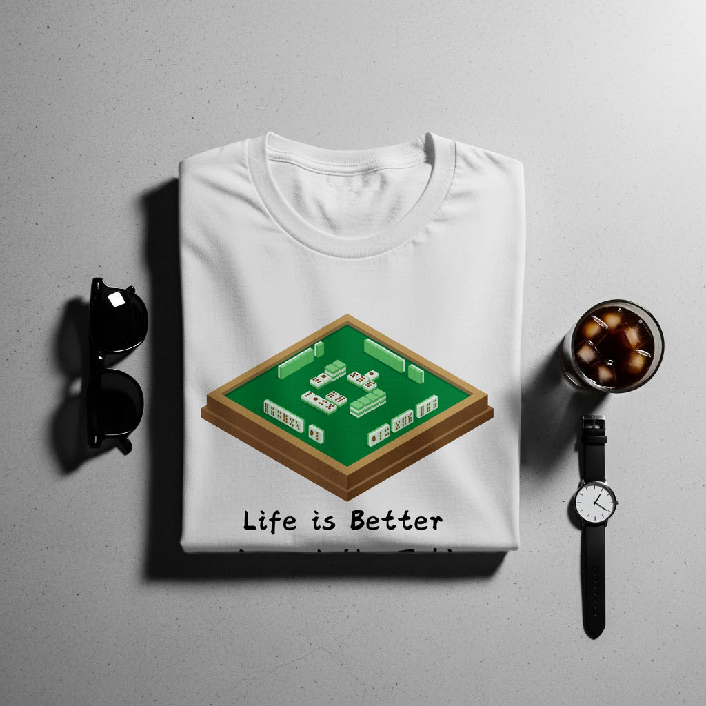 White t-shirt with Mahjong tiles graphic and text "Life is Better".