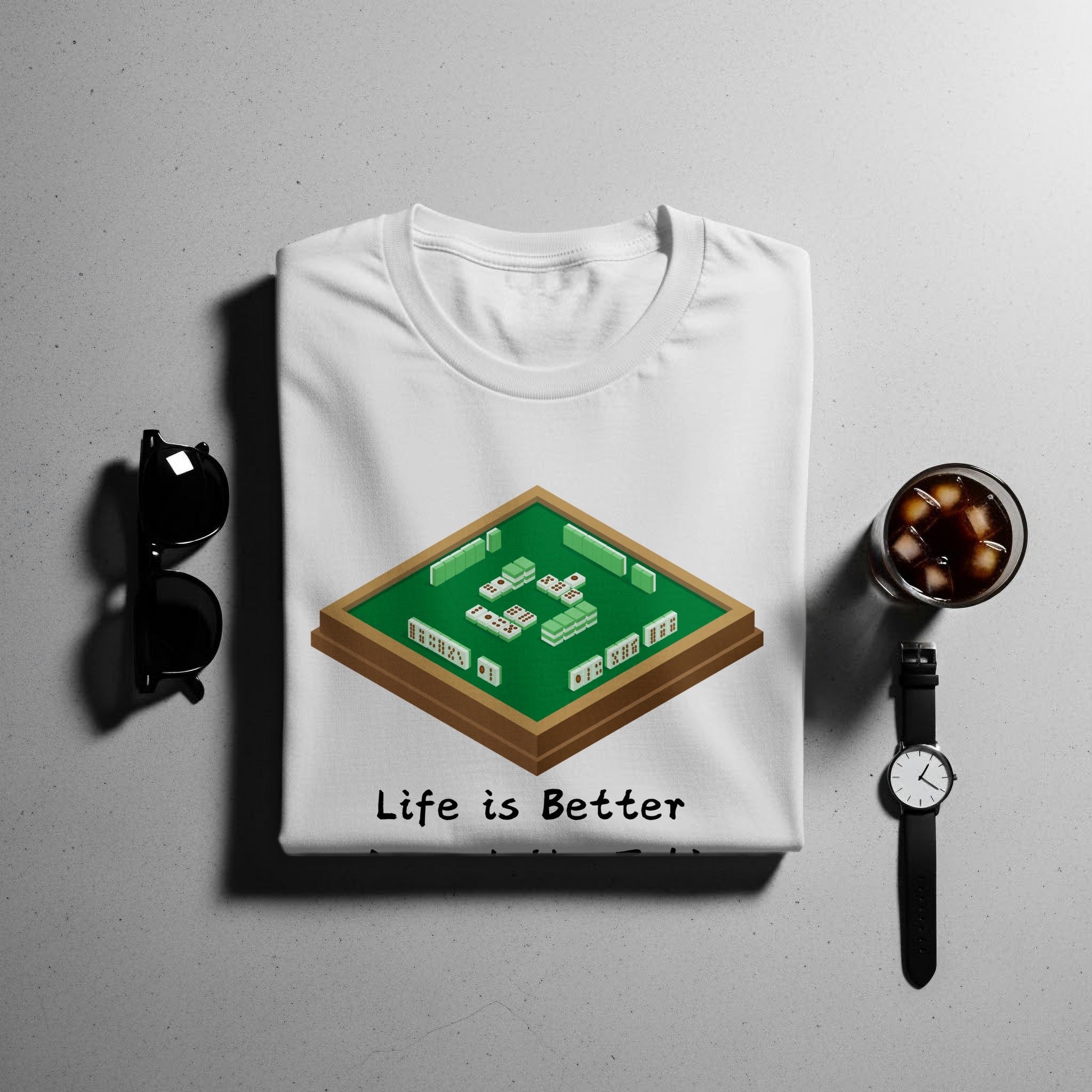 White t-shirt with Mahjong tiles graphic and text "Life is Better".