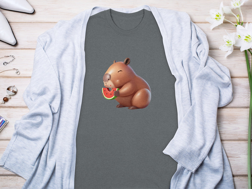 Capybara graphic eating a watermelon slice on a gray t-shirt.