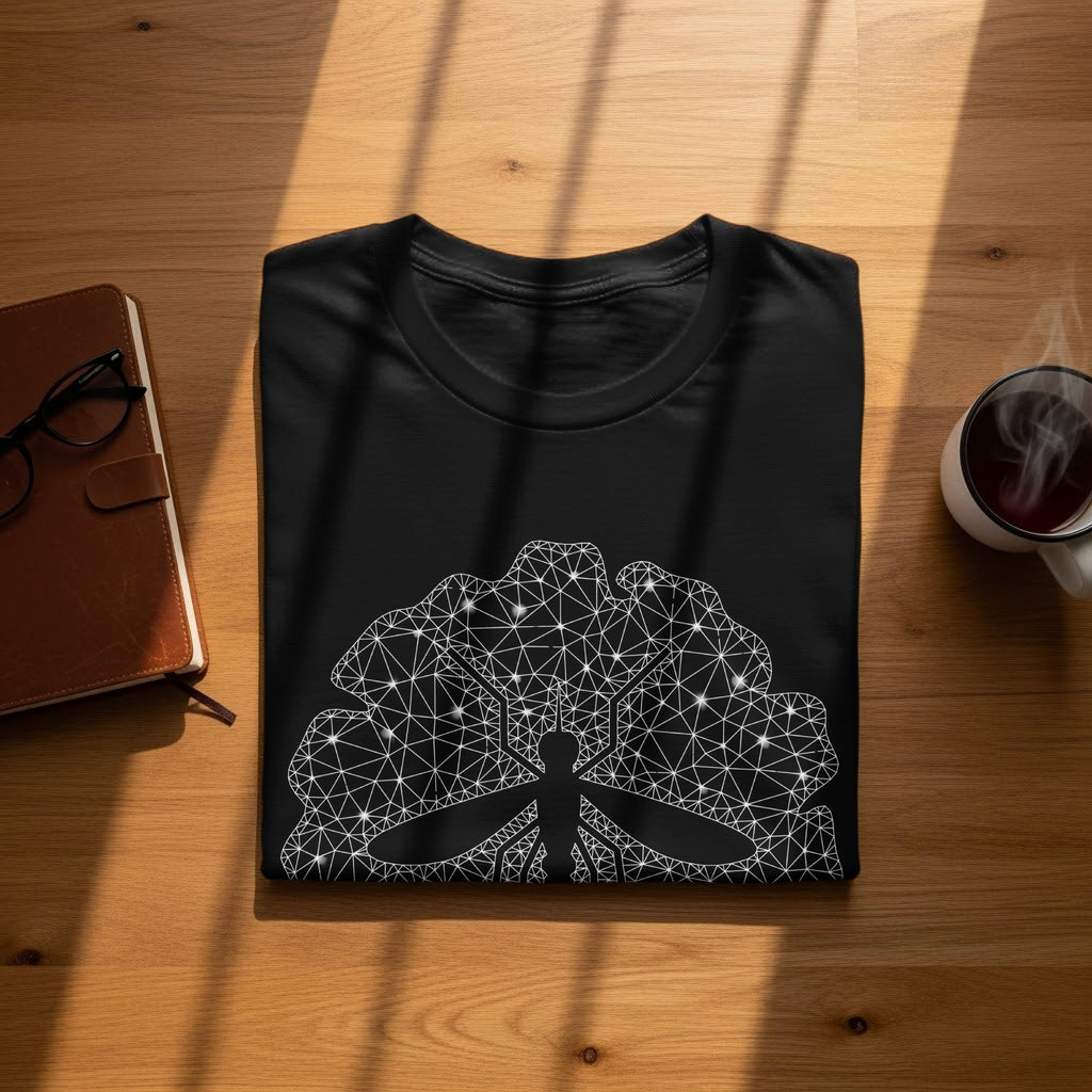 Black t-shirt with a white geometric mosquito graphic on a wooden surface.