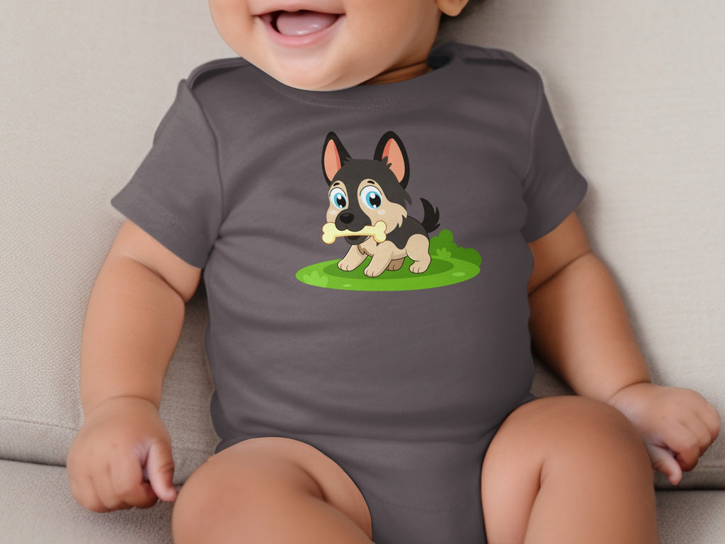 Gray baby onesie with cartoon German Shepherd puppy holding a bone.