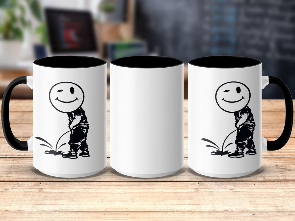 Three white mugs with black handles, two with a winking smiley face character peeing.