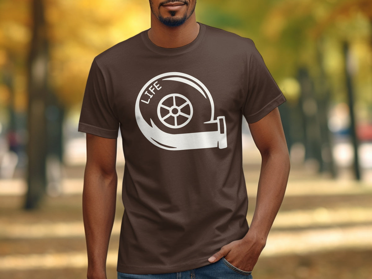 Brown t-shirt with white turbocharger graphic and "LIFE" text.