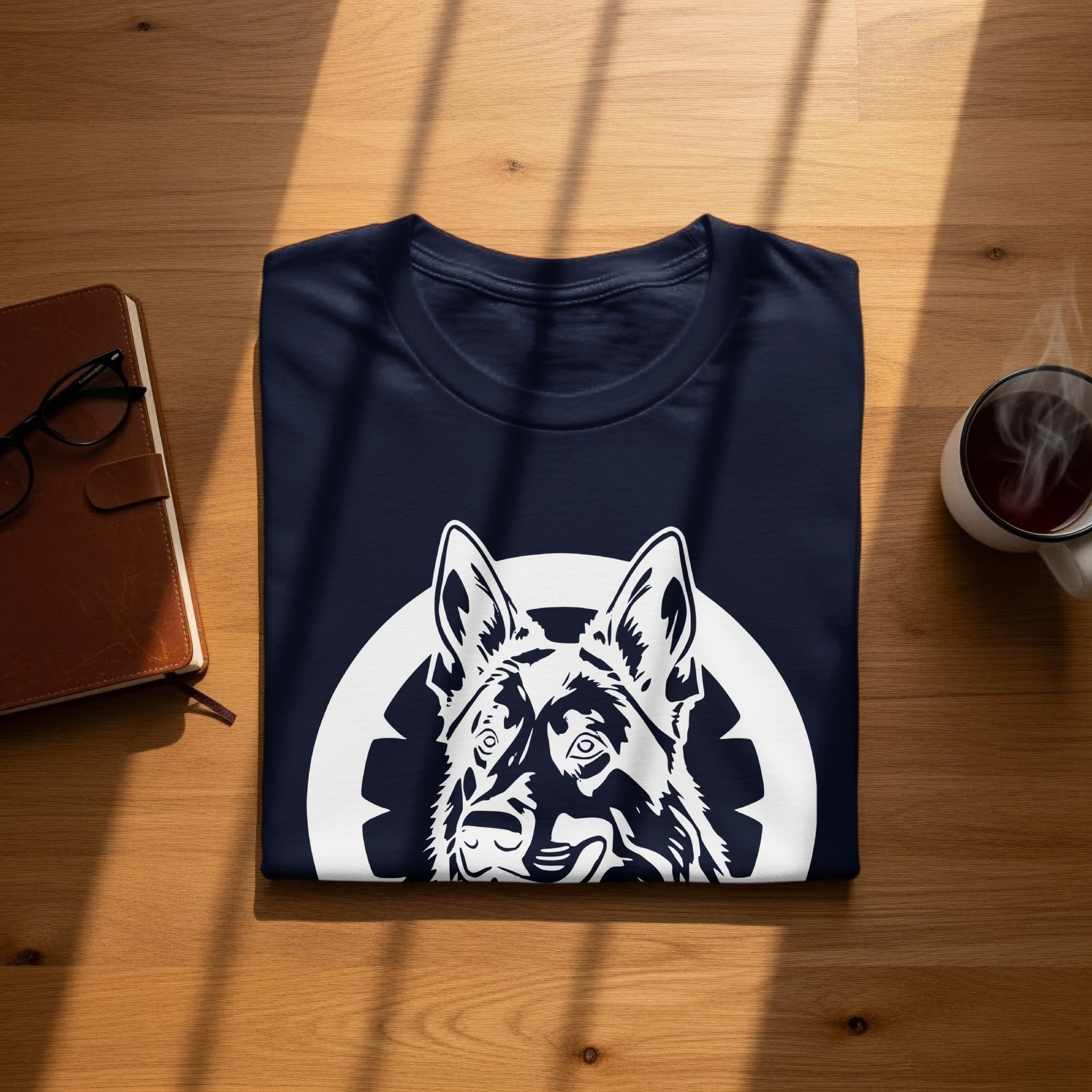 Dark navy t-shirt with white German Shepherd graphic on a wooden surface.