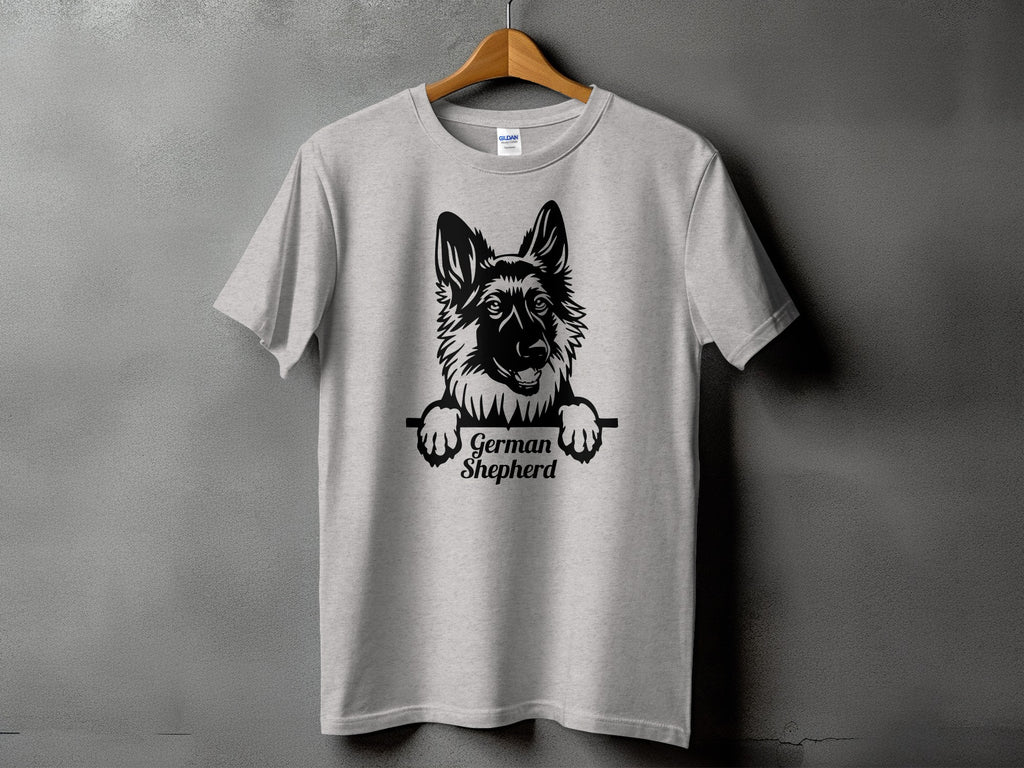 Light grey t-shirt with black German Shepherd graphic and text.