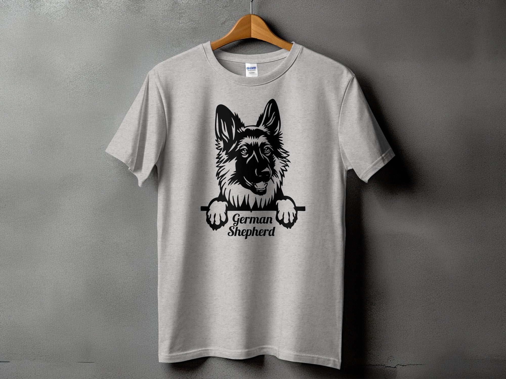 Light grey t-shirt with black German Shepherd graphic and text.
