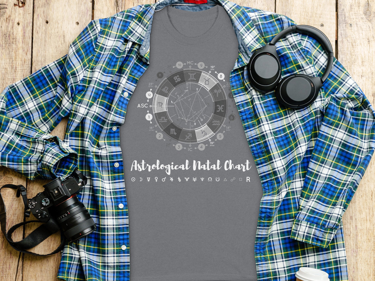 Grey t-shirt with Astrological Natal Chart design, headphones, camera, and plaid shirt.