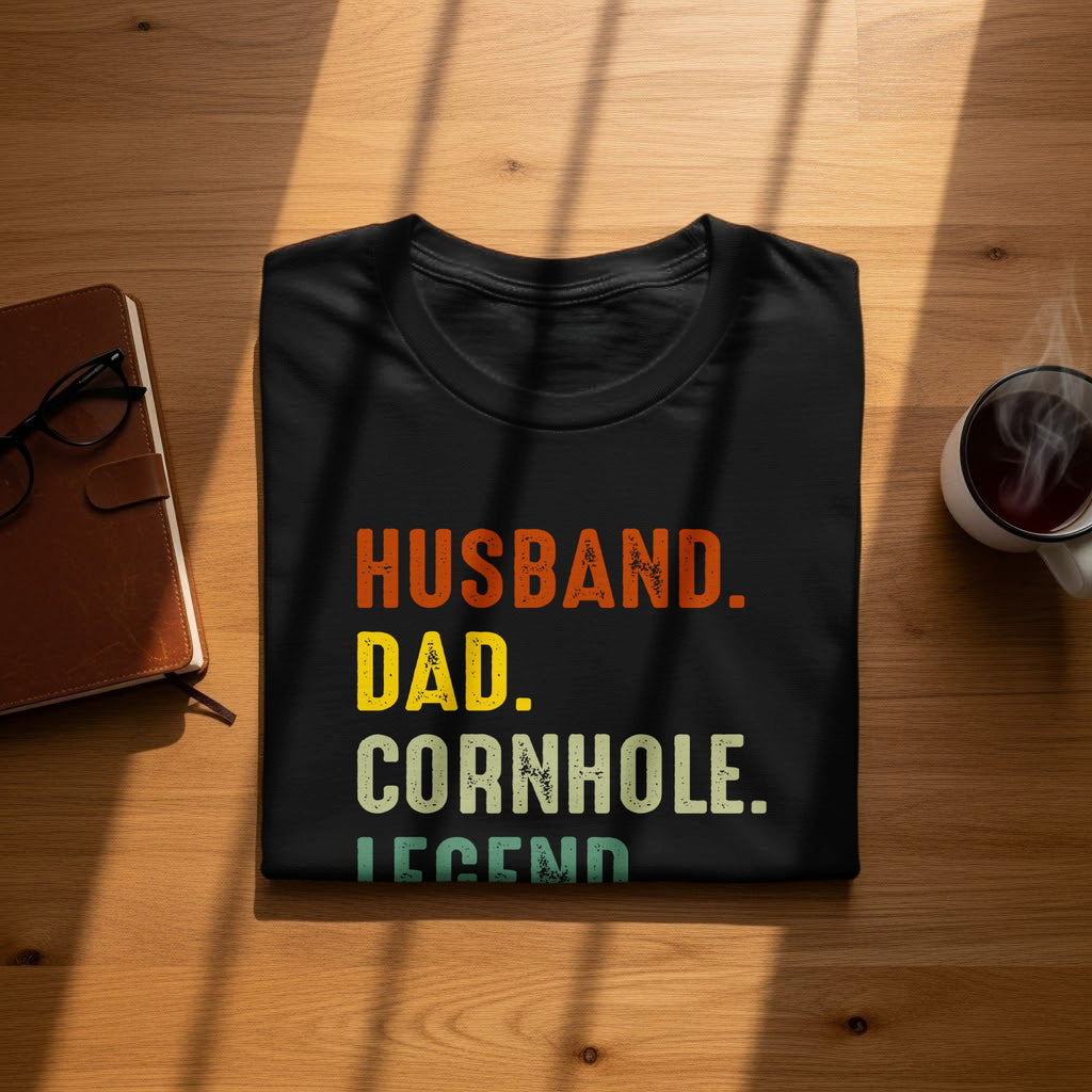 Black t-shirt with text "Husband. Dad. Cornhole. Legend." on a wooden surface.