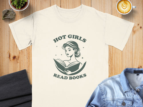 Cream t-shirt with graphic: "Hot Girls Read Books" and illustrated woman reading.