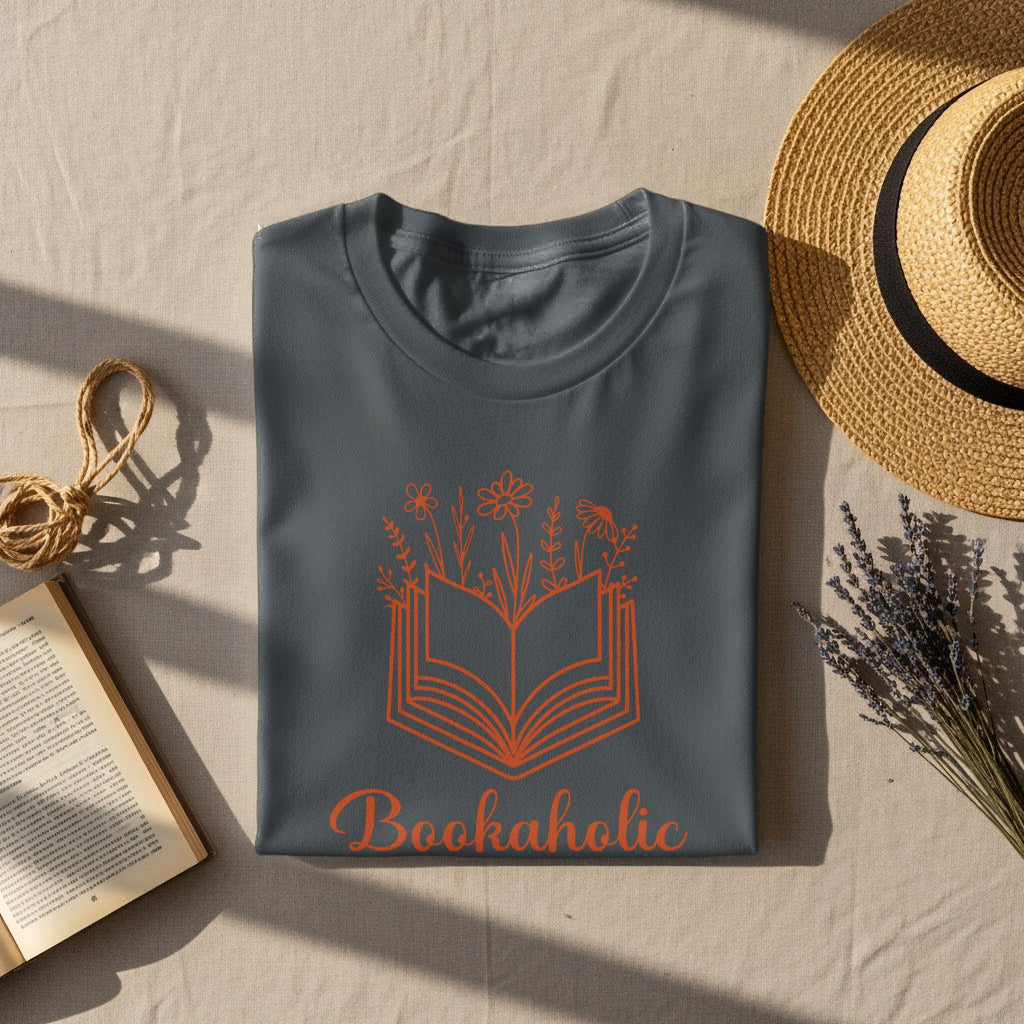 Grey t-shirt with orange book and flowers design, text "Bookaholic".