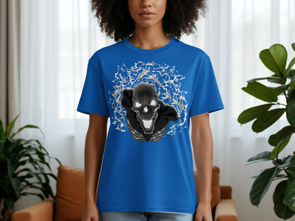 Blue t-shirt with a black and white skull graphic and swirling smoke.