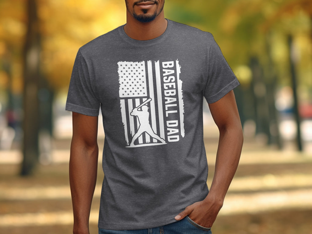 Baseball Dad graphic on a charcoal t-shirt with an American flag and baseball player.
