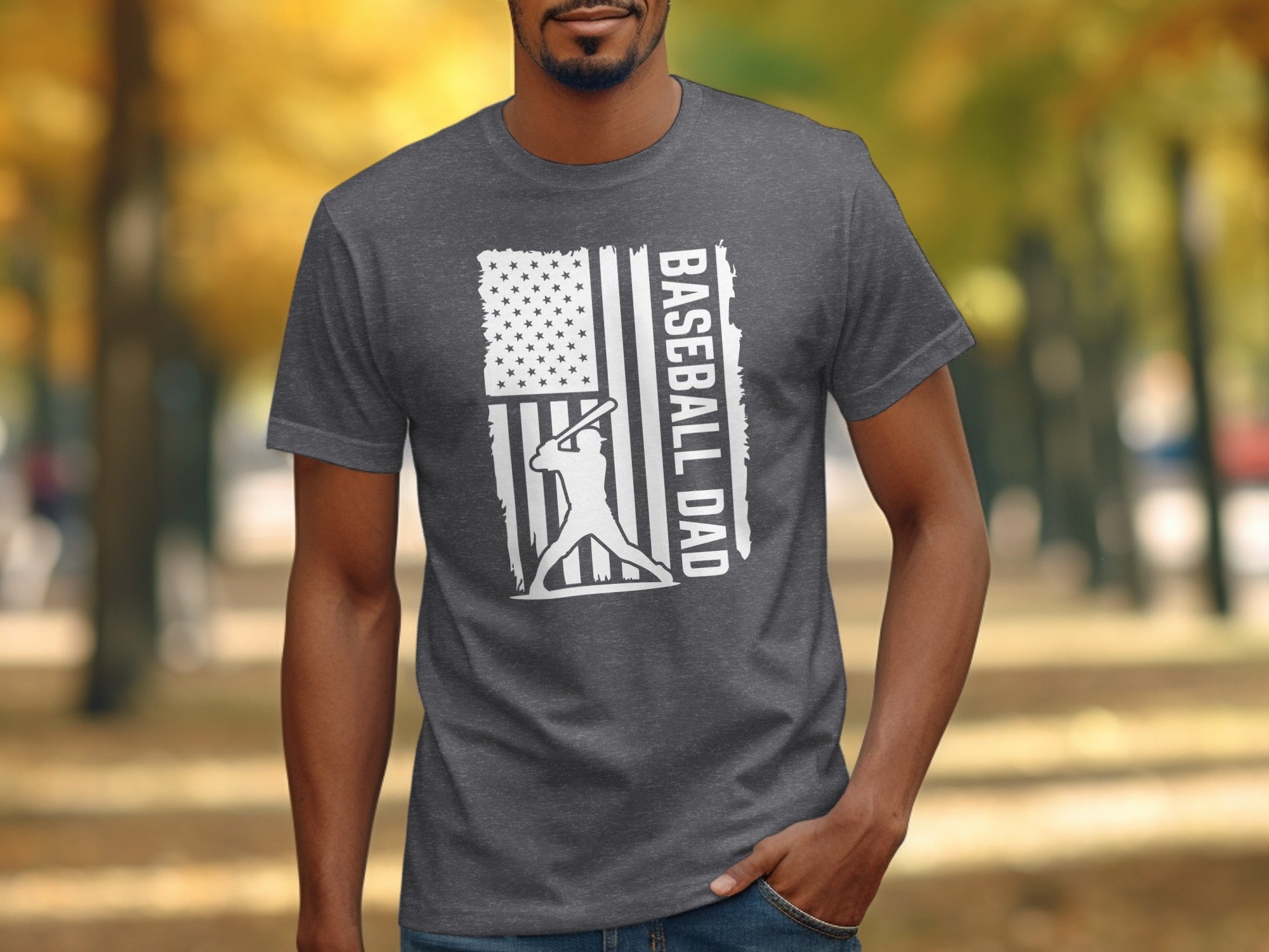 Baseball Dad graphic on a charcoal t-shirt with an American flag and baseball player.