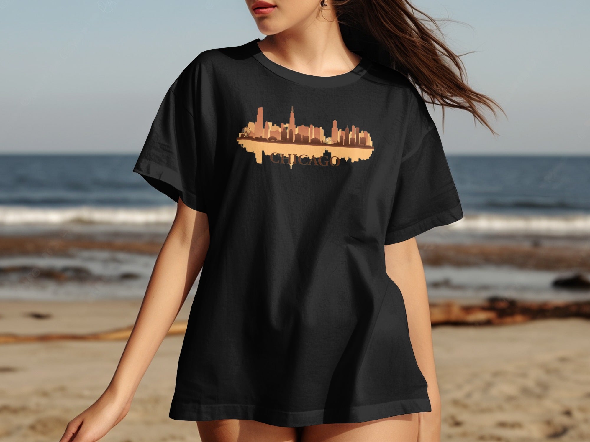 Black t-shirt with brown Chicago skyline graphic and reflection.