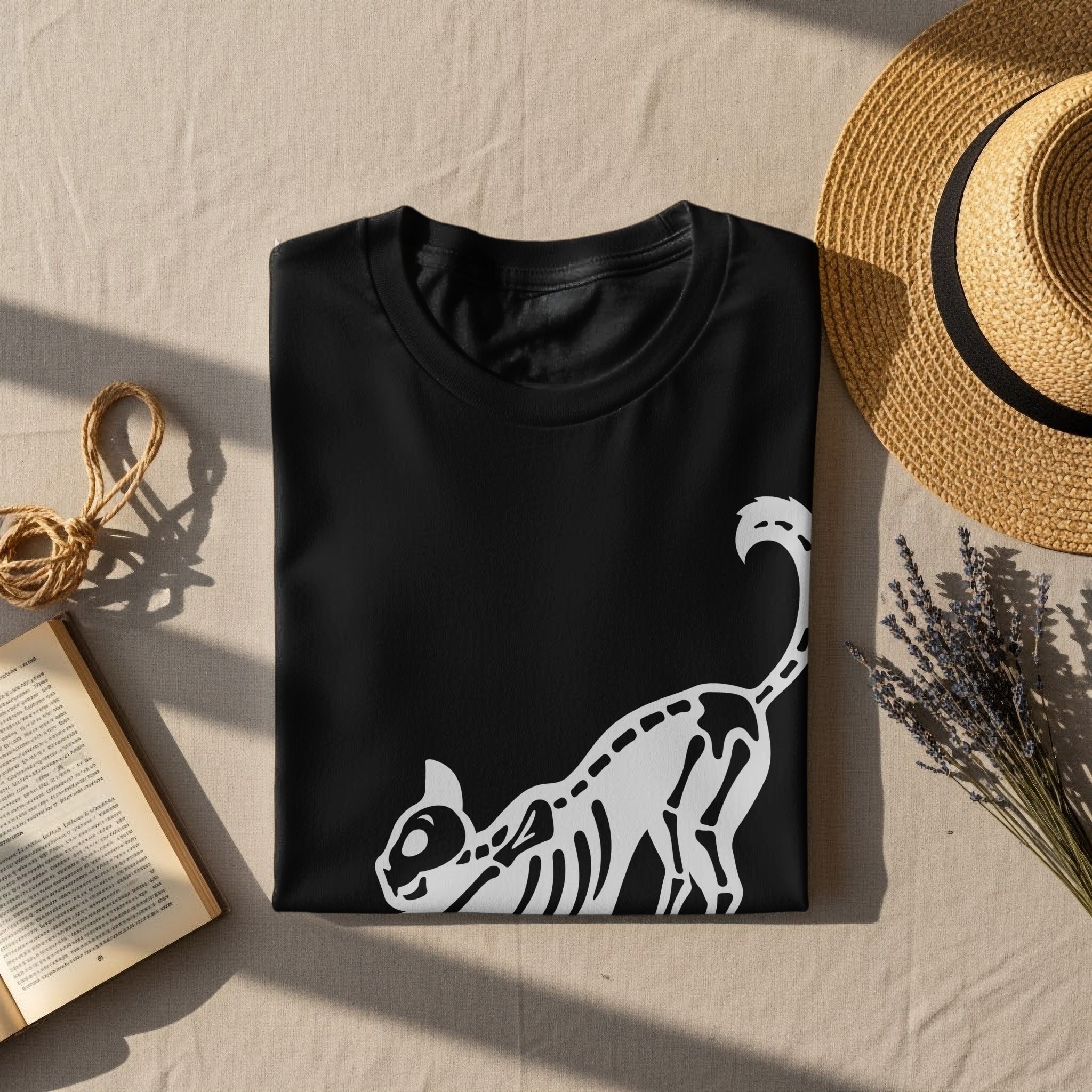 Black t-shirt with white cat skeleton graphic, top right of a straw hat.