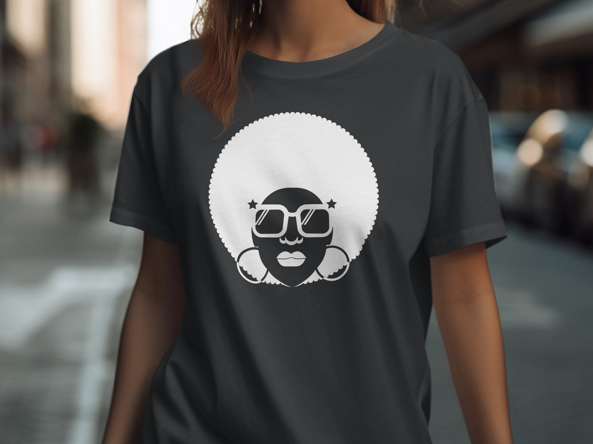 Black t-shirt with a white graphic of a stylized afro woman with sunglasses.