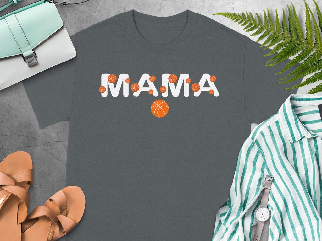 Gray t-shirt with white "MAMA" text and basketball graphics.