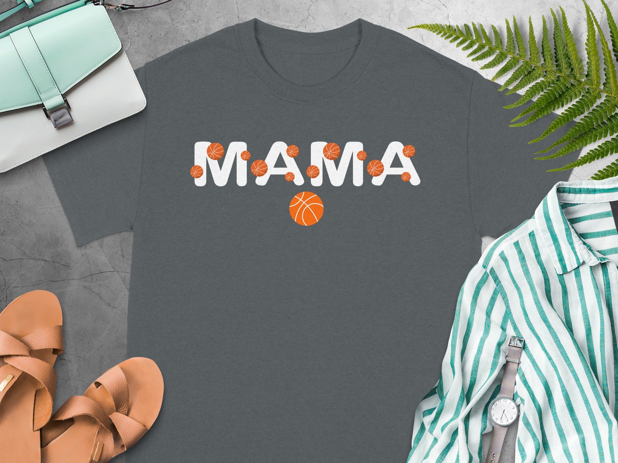 Gray t-shirt with white "MAMA" text and basketball graphics.