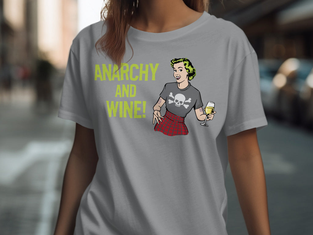 Grey t-shirt with "Anarchy and Wine!" text and cartoon woman with skull shirt.