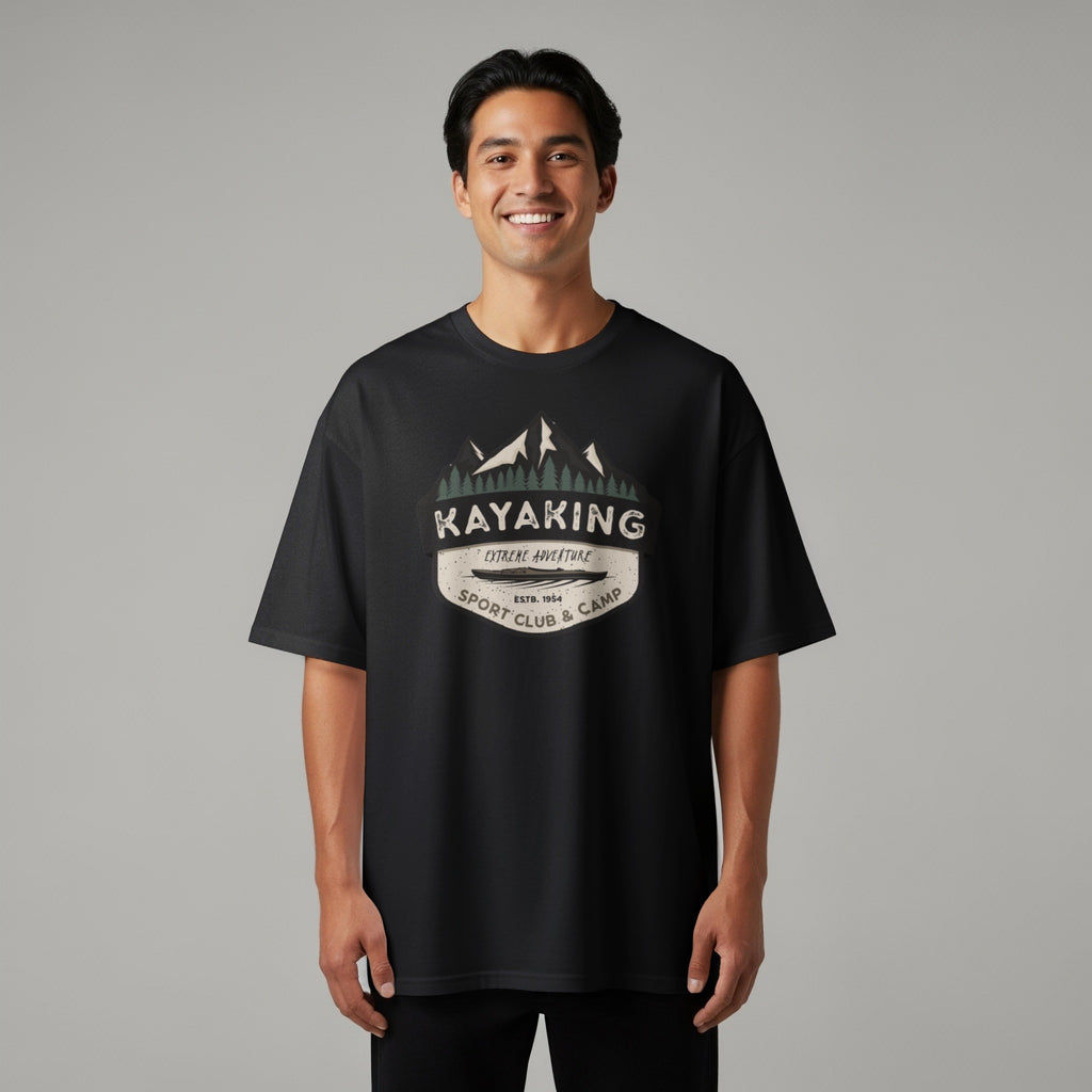 Black t-shirt with a vintage "Kayaking Extreme Adventure Sport Club & Camp" graphic.