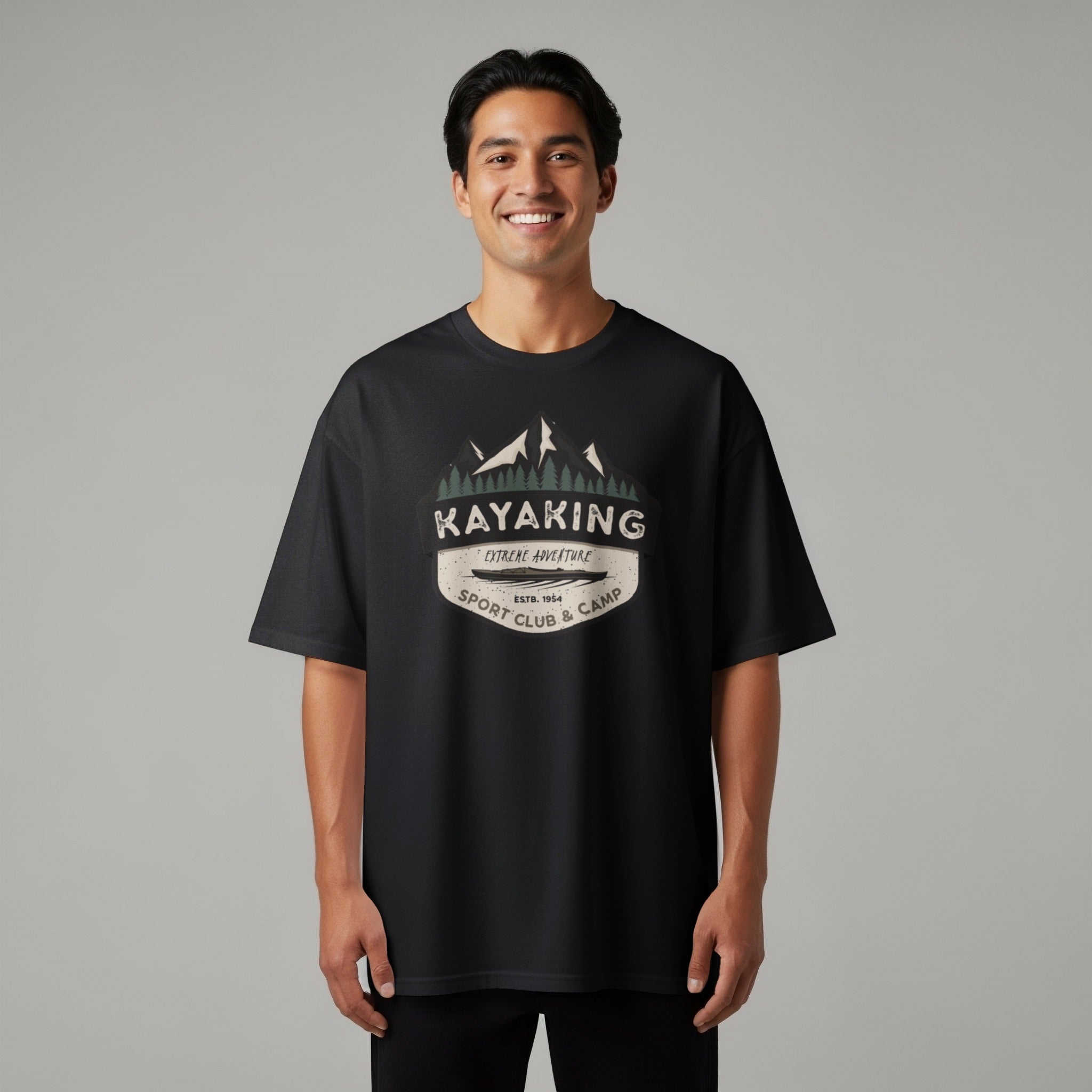 Black t-shirt with a vintage "Kayaking Extreme Adventure Sport Club & Camp" graphic.