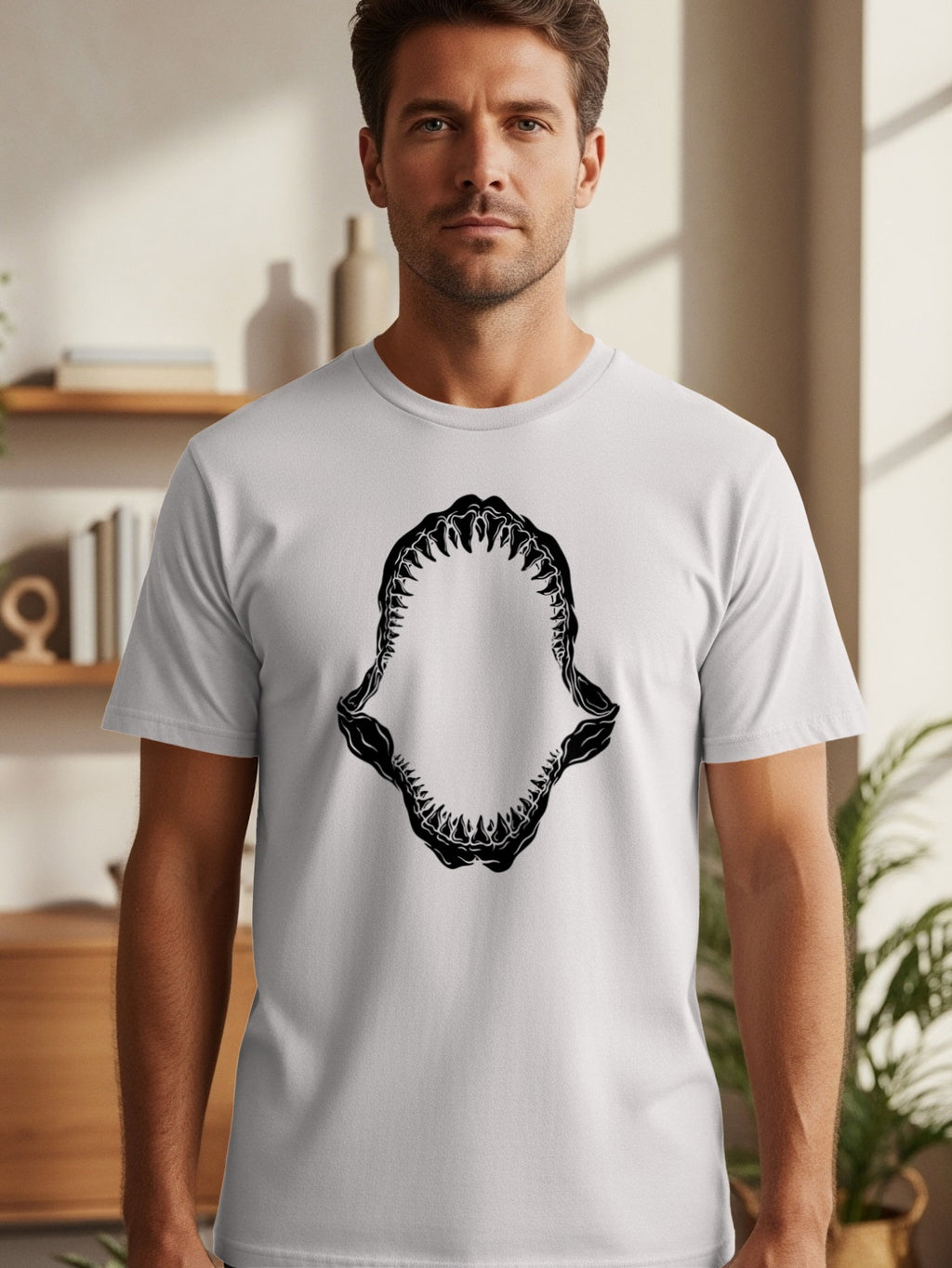 T-shirt with a black graphic of shark jaws on the front.