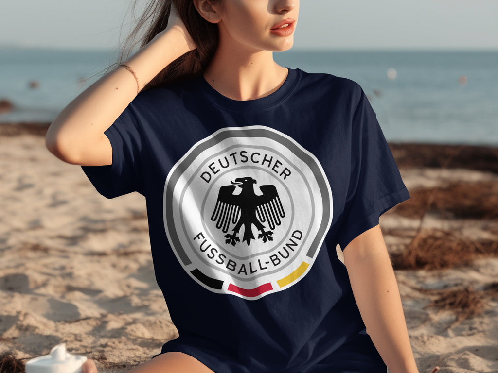 Navy t-shirt with Deutscher Fussball-Bund crest and German flag colors.
