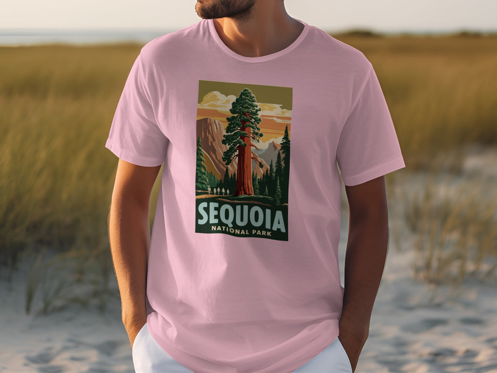 Pink t-shirt with a graphic of a giant sequoia tree and "Sequoia National Park".