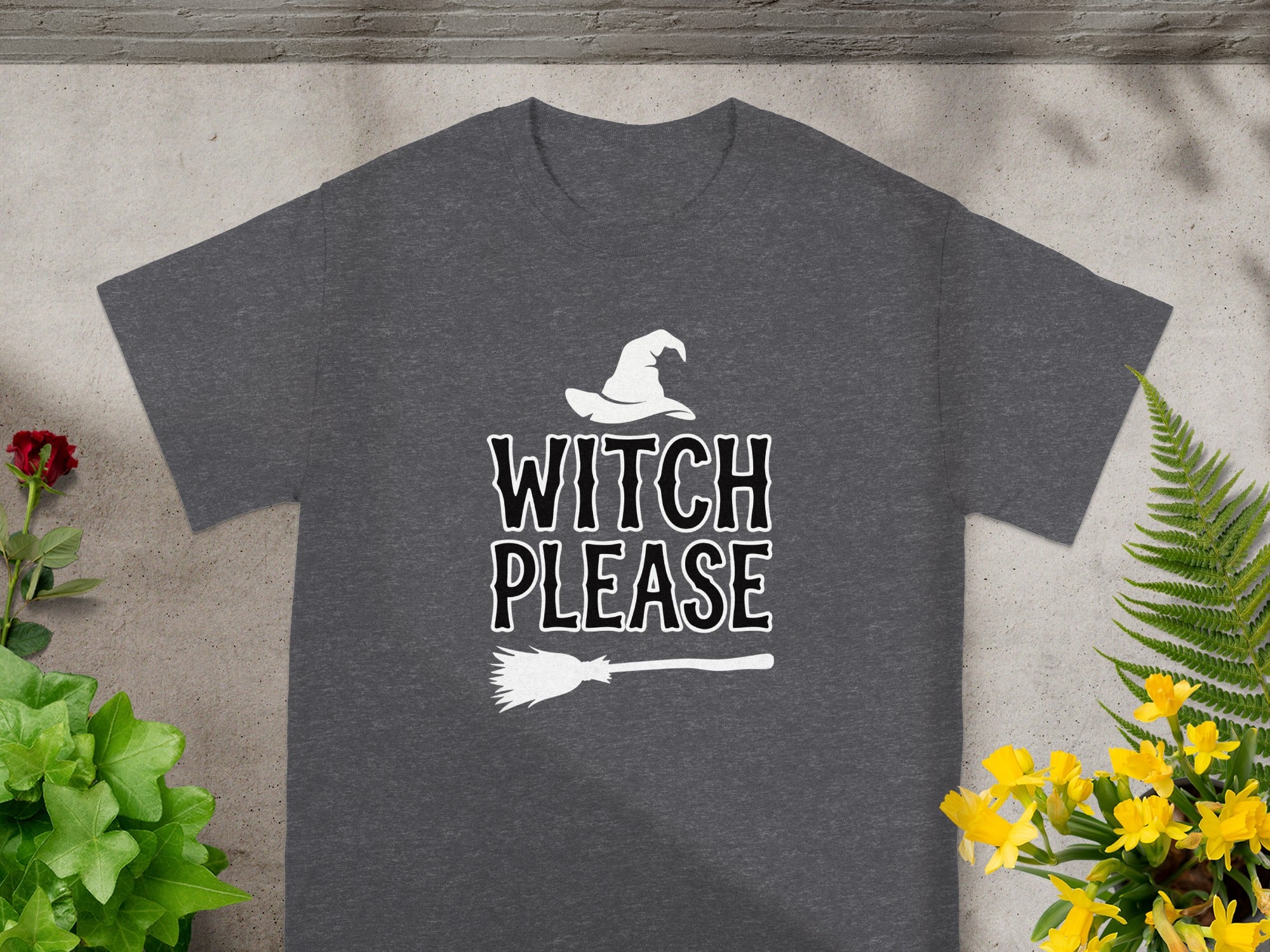 Charcoal t-shirt with witch hat, broom, and "Witch Please" text.
